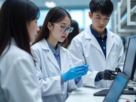 Sinh viên quốc tế học tập và nghiên cứu trong phòng lab công nghệ hiện đại tại trường đại học Hàn Quốc giúp định hướng du học Hàn Quốc nên học ngành gì.