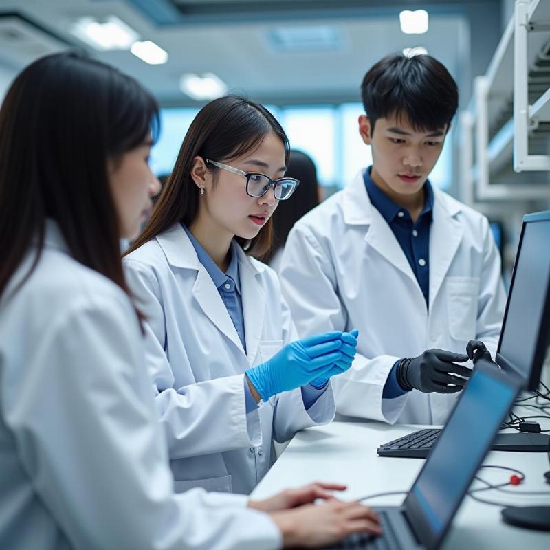 Sinh viên quốc tế học tập và nghiên cứu trong phòng lab công nghệ hiện đại tại trường đại học Hàn Quốc giúp định hướng du học Hàn Quốc nên học ngành gì.