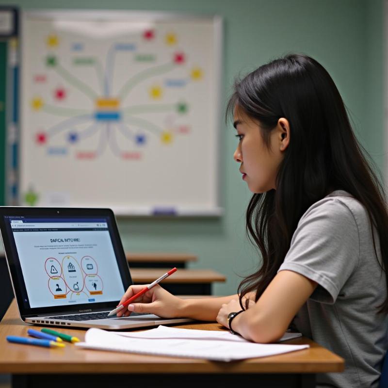 Học sinh ngồi bàn học, sử dụng công cụ trắc nghiệm tính cách và tìm hiểu thông tin định hướng nghề nghiệp trên laptop